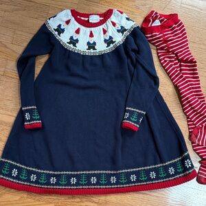Hanna Andersson sweater Dress with Gnome Pattern US 10 and Striped Tights